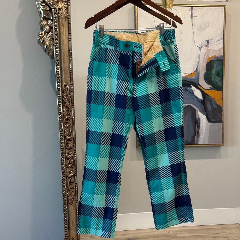 Men's Plaid Teal & Navy Chinos 32x30